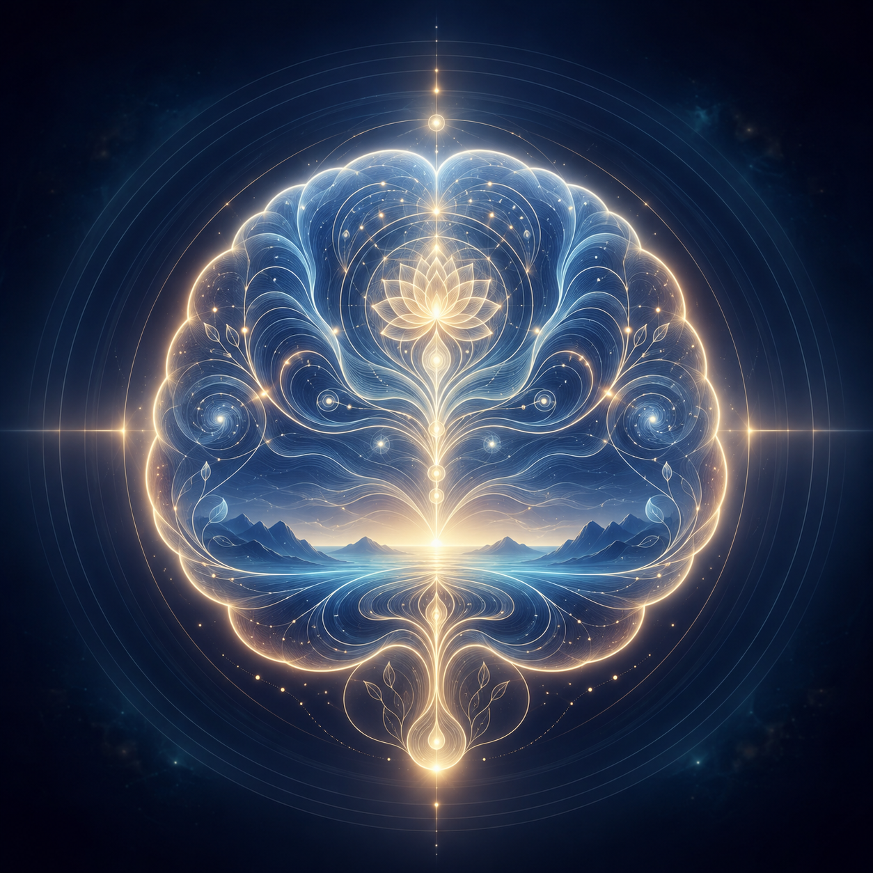 A calm, luminous mind in balance — lotus at the crown, a sunrise at the centre, held in cosmic order